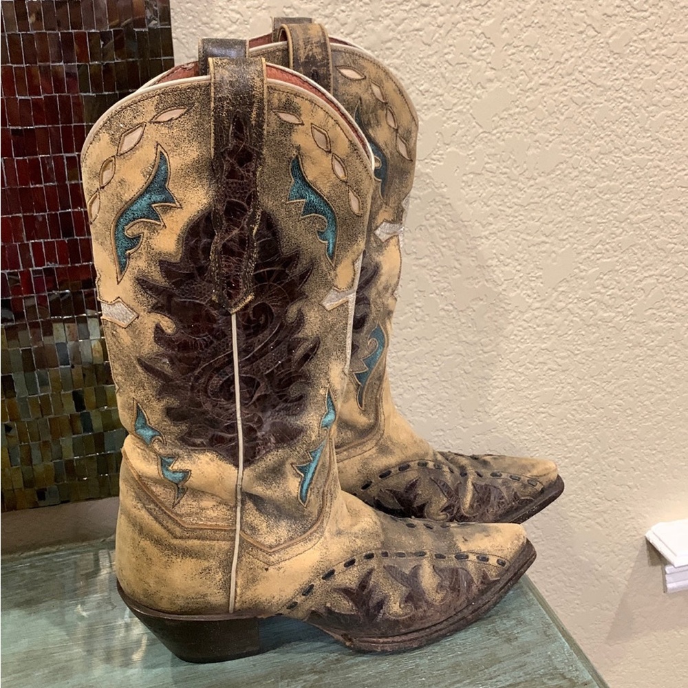 Dan Post Tan Western Boots with Turquoise & Brown Embroidery